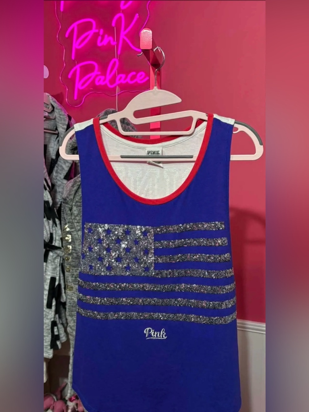 PINK Victoria's Secret Blue Bling Glitter Flag Tank Top